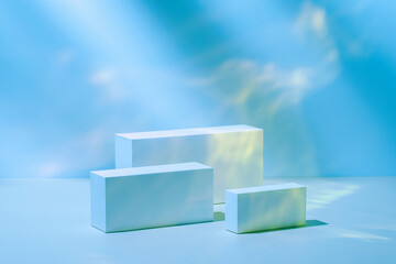 Abstract surreal scene - empty stage with three rectangle white podiums on pastel blue holographic...