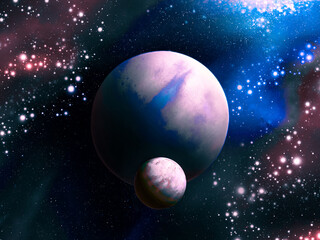 Obraz na płótnie Canvas Planet with a satellite in space. An exoplanet with a moon surrounded by clusters of stars and nebulae. Space landscape. 