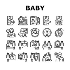 Baby Sitting Work Occupation Icons Set Vector. Woman Babysitter Baby Sitting And Playing Games With Child, Education Courses And Teaching Kid, Night And Hourly Time Black Contour Illustrations