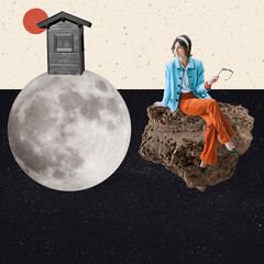 Contemporary artwork. Young woman sitting on planet and thinking about new life, opportunities....