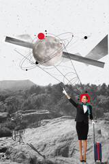 Happy young girl, stewardess getting ready to fly to another planet. Modern design, contemporary art collage.