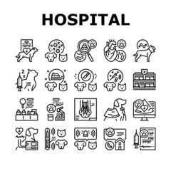 Hospital Pet Health Examination Icons Set Vector. Hospital Pet Disease Examining And Treatment, Immunization And Pain Management, Ultrasound And Radiology Animal Exam Black Contour Illustrations