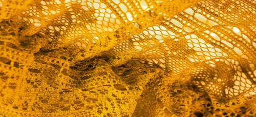 Background, texture, pattern, yellow lace fabric, thin open fabr