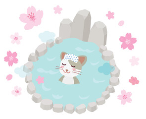 春の露天風呂に浸かる猫