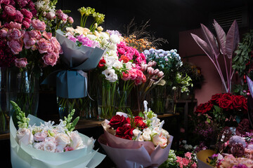 bouquets on shelves in a florist shop