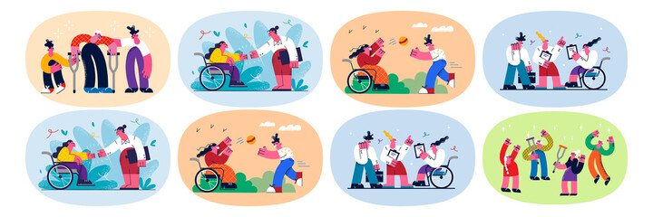 Set of happy people with physical disabilities relax 