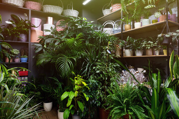 florist shop with exotic flower plants and greenery
