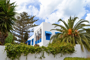Fototapeta na wymiar Blue doors, window and white wall of building in Sidi Bou Said