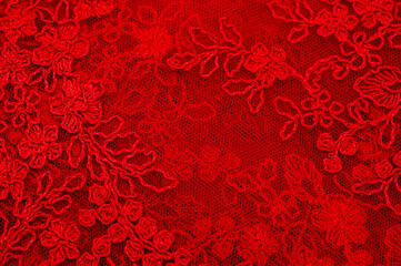 Colored red lace fabric. Vintage. Flowers background in Provence style. Decorative ornament background for fabric, textile, wrapping paper, cards, invitations, wallpaper, web design. - obrazy, fototapety, plakaty