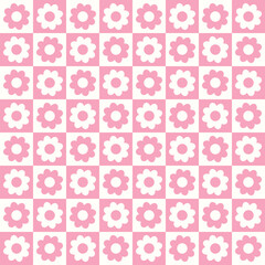 checkers seamless pattern with geometric flowers. Simple and trendy flat vector illustration in retro style. Colorful background, checkerboard, 60s, 70s, hippie aesthetic