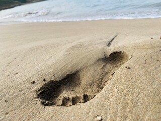 footprint on sand beach along the edge of sea - vintage retro style