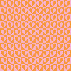 checkers seamless pattern with geometric hearts. Simple and trendy flat vector illustration in retro style. Colorful background, checkerboard, 60s, 70s, hippie aesthetic