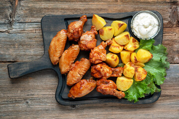 Chicken wings with baked homemade potatoes with sauce and herbs.