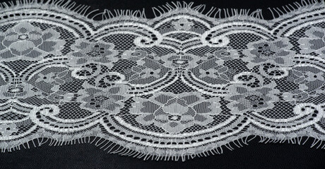 LWhite lace on a black background. Template for wedding invitation and greeting card with lace fabric background