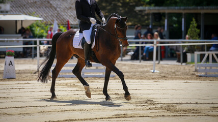 Dressage horse with rider in the tournament during the test at the first step into the turn..
