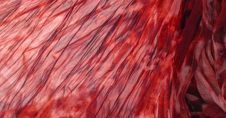 Red cloth. Silk fabric in fine organza with panther print, Crumpled texture. Background. Template.