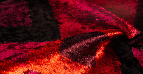 red yellow brown velvet fabric, dense fabric of silk, cotton or nylon with a thick short pile on...