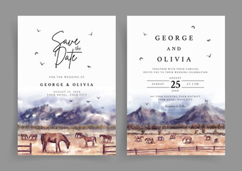 Wedding invitation of horses in savannah nature landscape watercolor