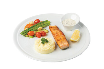 Grilled salmon steak on a white plate