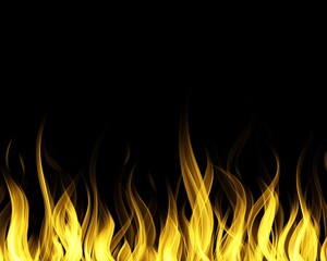 Flying Sparks And Flames Of Fire Isolated On Black Background. Flying Sparks Background, Closeup View. Abstract Flaming Background. Magic Fiery Wallpaper. 