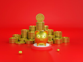 Golden piggybank and golden coin. Savings and finance concept. 3D rendering.