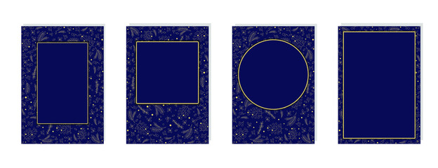 Set of dark blue covers, frames with gold pattern and place for text. Vector illustration, flat minimal design, isolated on white background, eps 10.