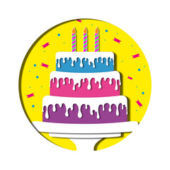 Festive three-tiered multi-colored bright cake with cream and candles, candies, for a boy and for a girl. Made in paper-cut style