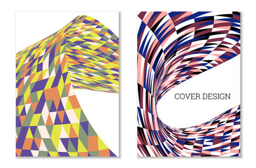 Bright patchwork from multi-colored triangles. Unusual colorful design for cover or background. Set of two templates