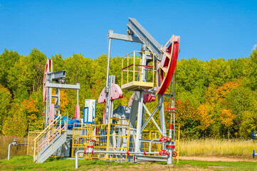 Fototapeta na wymiar Oil rig pump rocking chair against the background of the autumn forest and sunset. Fuel, natural resources concept stock photo. Extraction of oil from a well using a pump