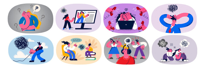 Set of diverse people with mess in head find solution