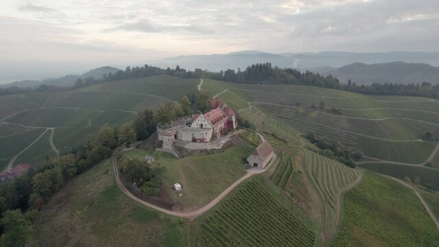Aerial view of a beautiful building in the middle of vineyards