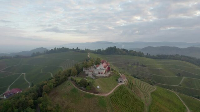 aerial approach of Staufenberg Castle, Durbach, Germany
