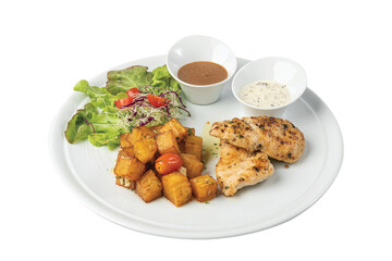 Grilled chicken steak with crispy skin and simple salad.