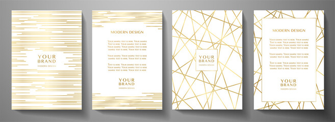 Modern white cover design set. Luxury dynamic gold circle, line pattern. Creative premium stripe vector background for business catalog, brochure template, notebook, invite
