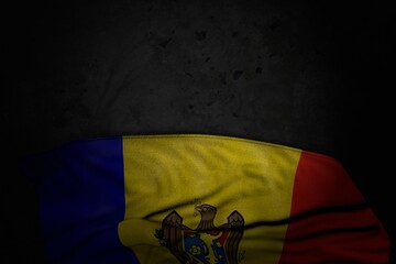 beautiful any feast flag 3d illustration. - dark picture of Moldova flag with big folds on black stone with empty place for text