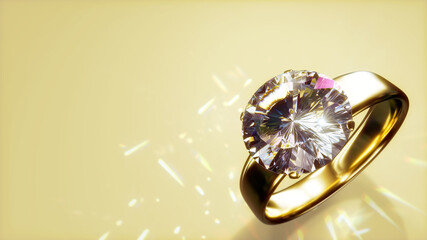wedding ring with diamond on bright background with empty space - abstract 3D illustration