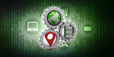 3d  rendering travel and navigation planning, database with globe, gear concept