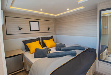 Interior of double cabin on luxury yacht