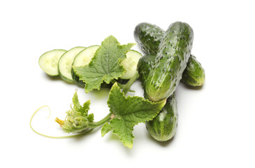 Fresh cucumbers with leaf white background.