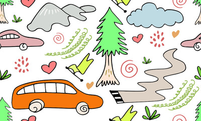Cartoon Transportation Background for Kids with doodle Toy Cars and Nature with Hills and Trees.