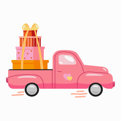 express delivery, retro truck filled with gifts, valentine's day retro illustration, pink car, trip, adventure. perfect for greeting card, t shirts, stickers, posters, banners on white background