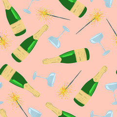 Seamless pattern with bottle of champagne and glass and sparkler. Party background for textile, fabric, web, wrapping paper, card, socks and other design.