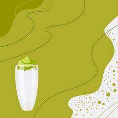 Abstract Tea background. Vegan Dalgona matcha latte. Glass with green whipped drink and milk. Flat vector isolated on white. Drink background for bar, restaurant menu, party decor, beverage template
