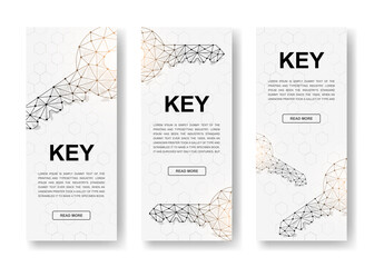 Set of three Key polygonal vertical banners. 3d Key low poly symbols with connected dots. Vertical illustration for homepage design, promo banner.
