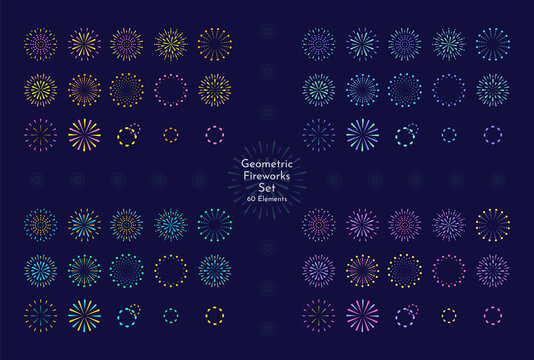 Set of different colorful geometric flat fireworks