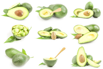 Set of green avocados isolated on a white background cutout