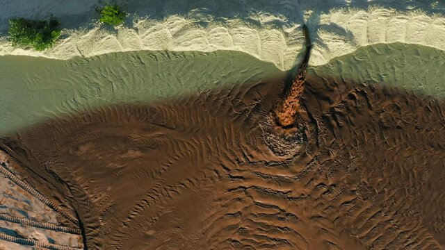 Environmental Pollution, Environmental Catastrophe, causing dangerous climate change. Drone top view shot. Discharge of polluted wastewater into the river from factory pipe. Hazardous waste water.