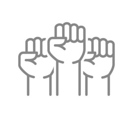 Three raised fists line icon. Volunteer, teamwork symbol