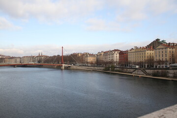 Obraz premium Pedestrian Saint Georges Footbridge in Lyon, France on a beautiful Winter day