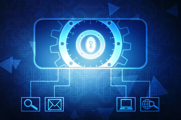 Digital Padlock on abstract technology background, Technology security concept. Modern safety digital background. Protection system, Cyber Security and safety information, personal data concept.